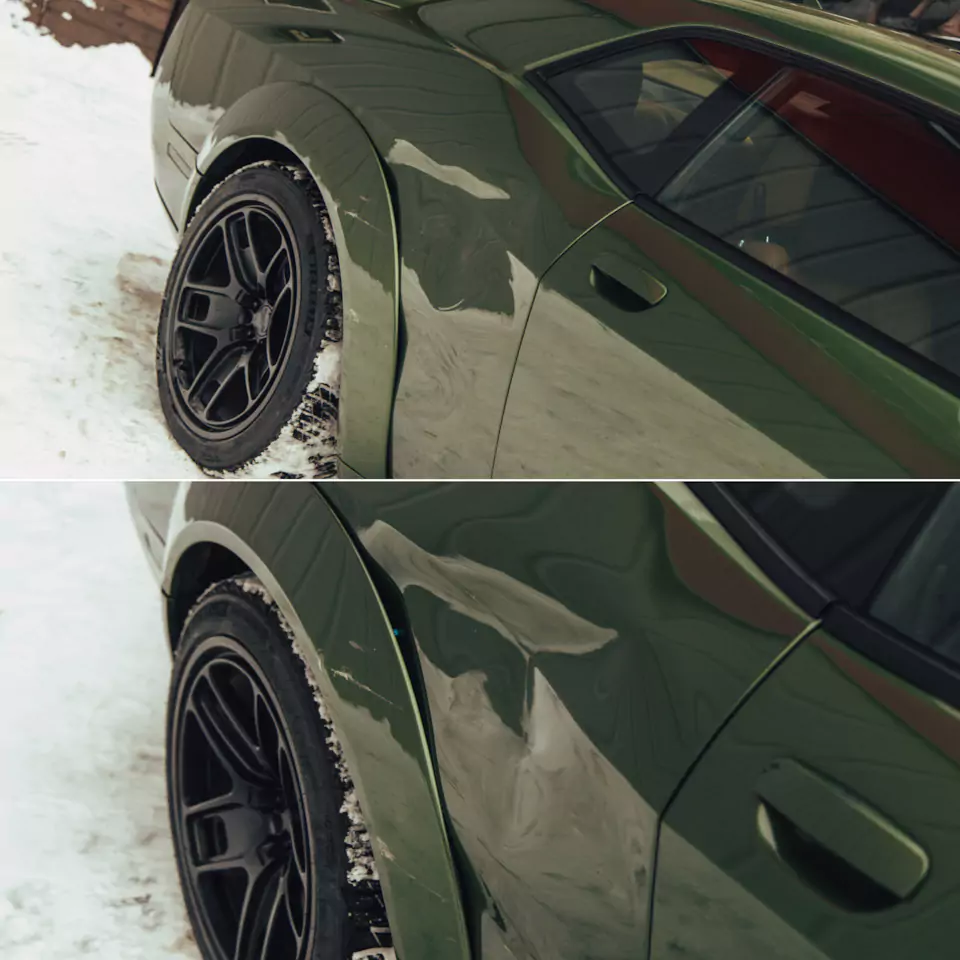 Восстановили крыло Dodge Challenger R/T Scatpack по технологии PDR и заново забронировали полиуретаном